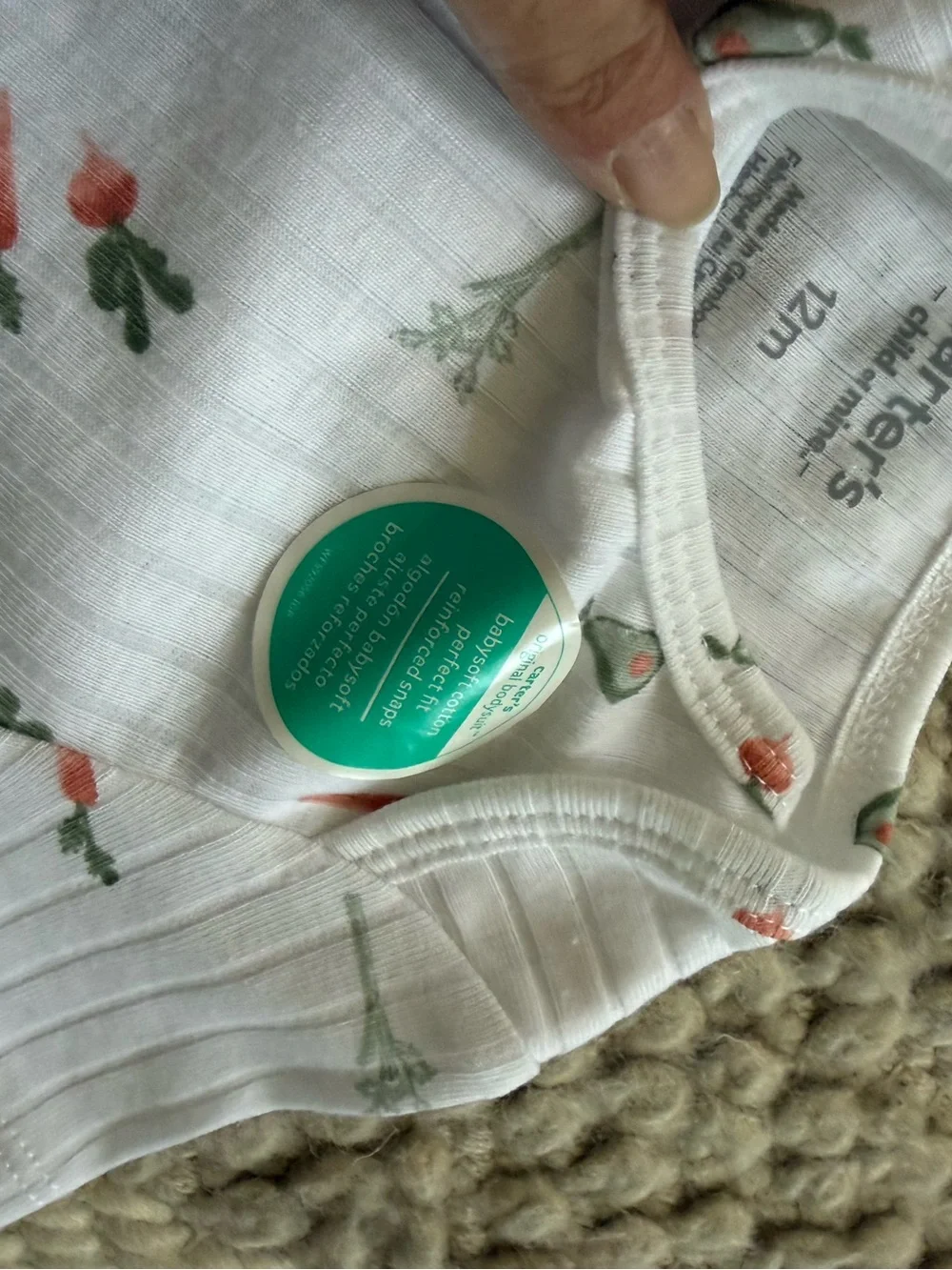 Carter's White Ribbed Baby Bodysuit with Carrot & Avocado Motif 12 mo new